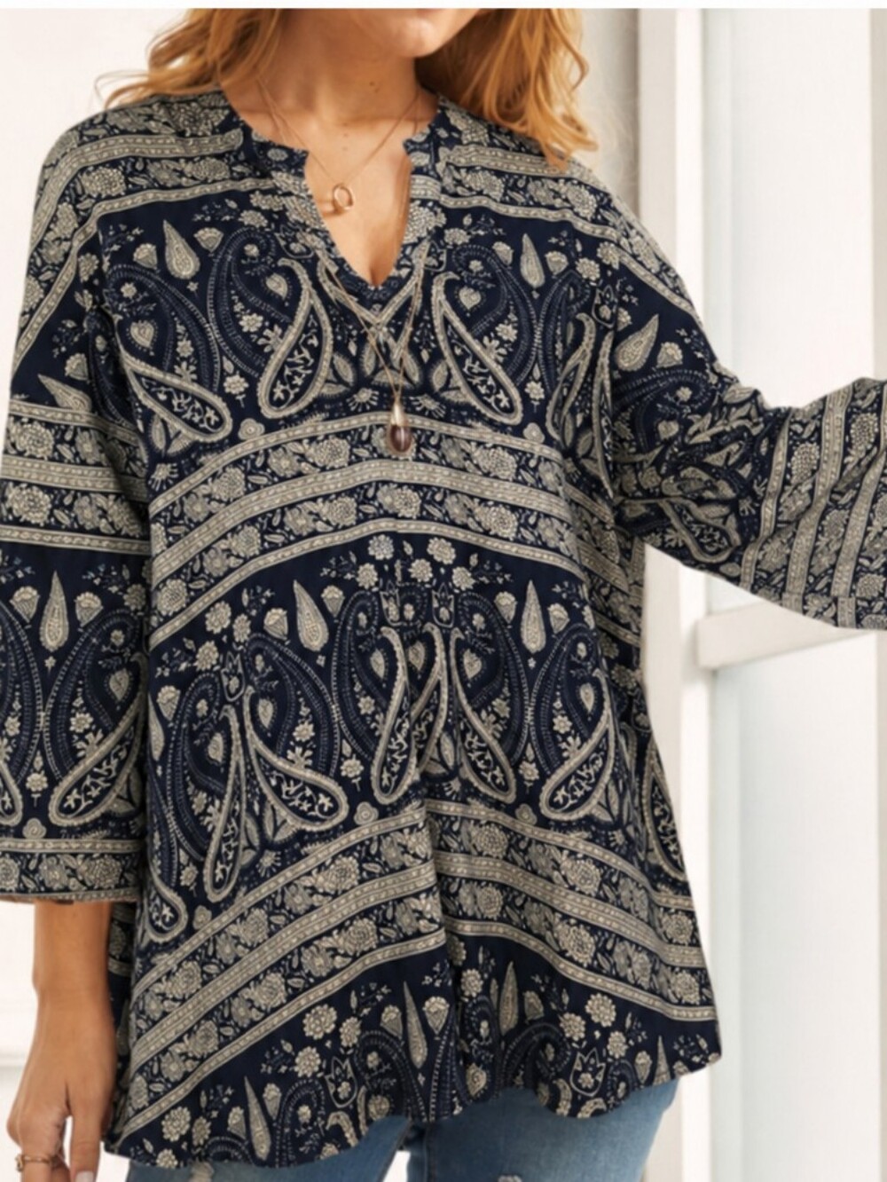 Weekend Suzanne Betro Navy Paisley Tunic Top Size 1X